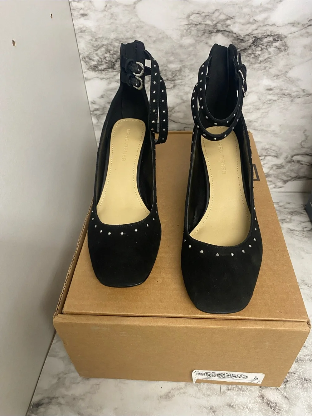 Marc Fisher Black Studded Ankle-Strap Suede Pumps